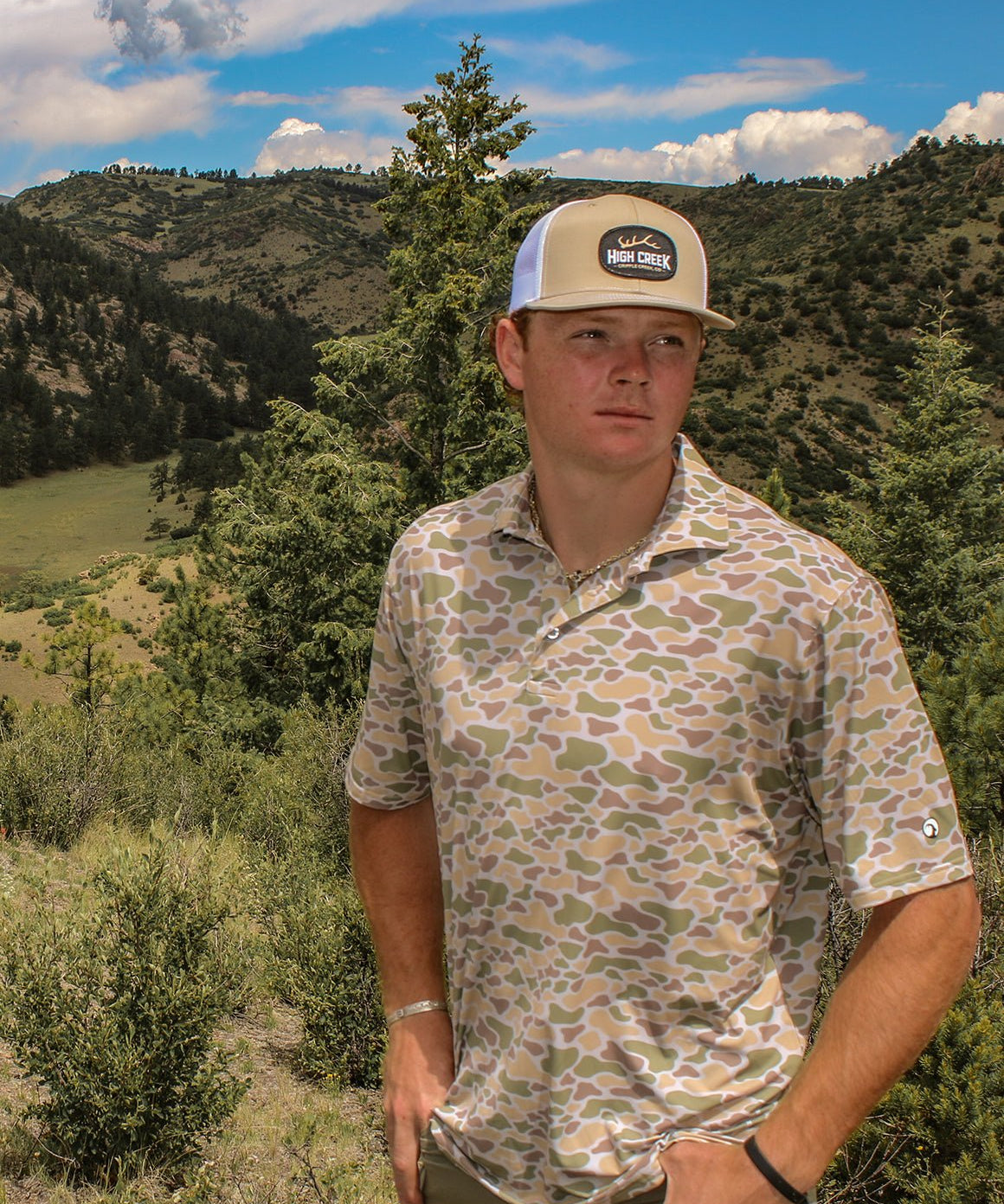 Cripple Creek Oval Patch Mesh Back Hat Khaki - High Creek