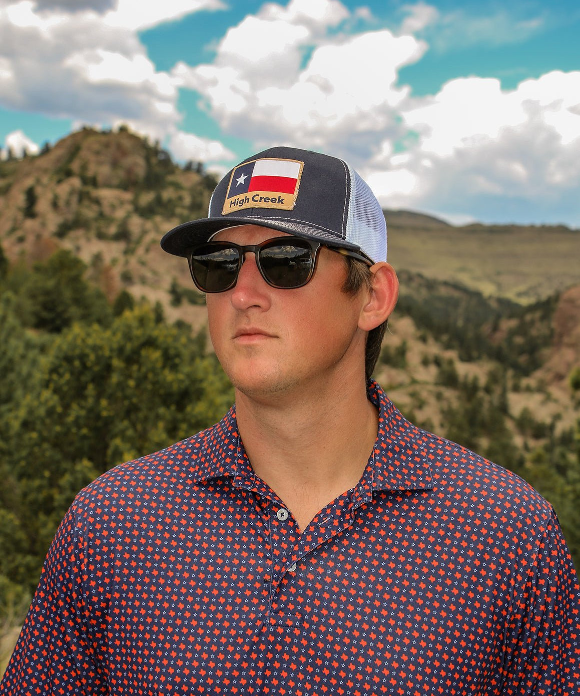 High Creek Rustic TX Flag Mesh Back Hat Navy - High Creek