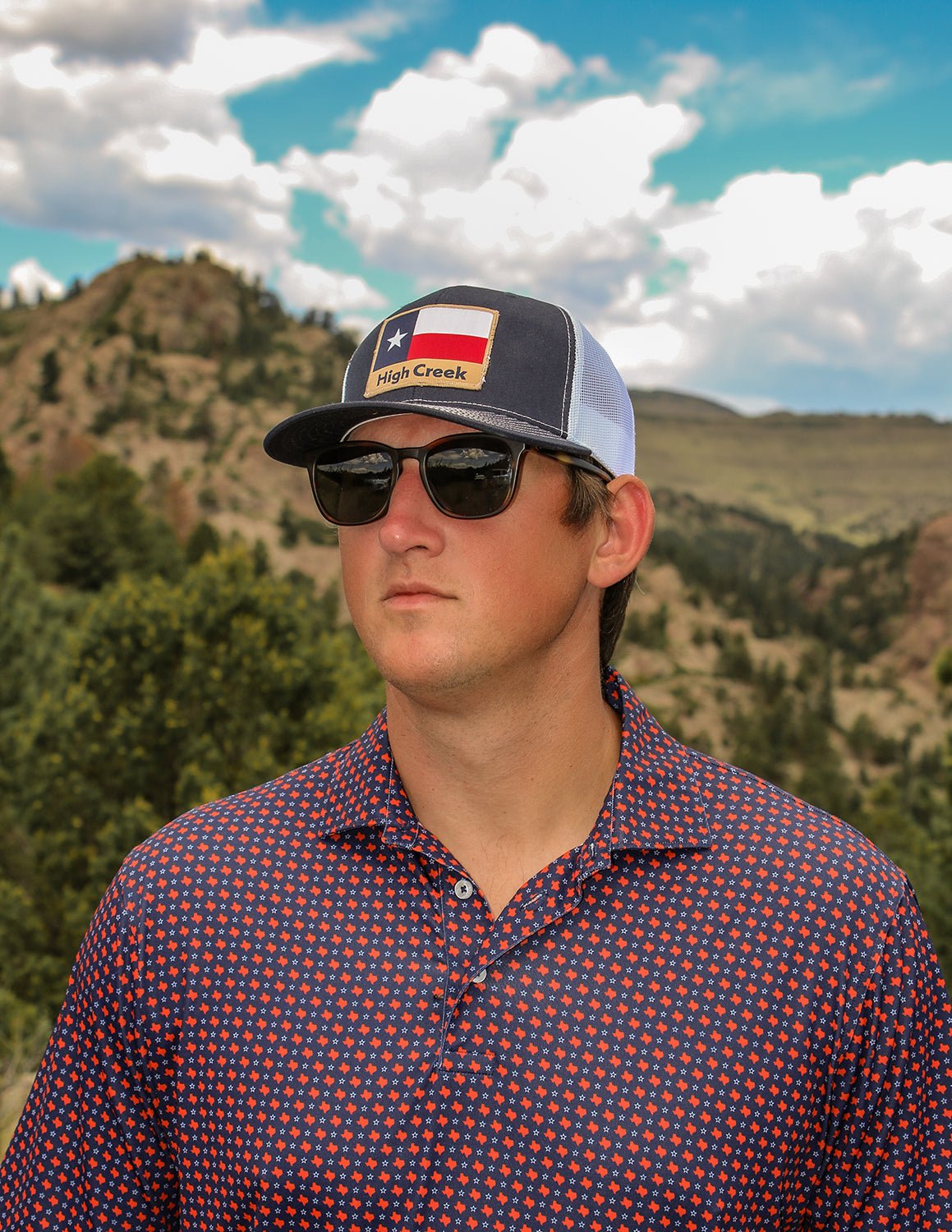 High Creek Rustic TX Flag Mesh Back Hat Navy - High Creek